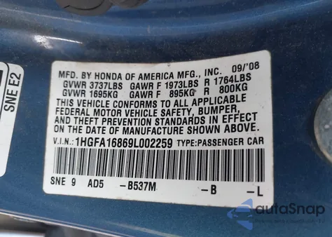 2009 Honda Civic Ex из США, поврежденный, VIN 1HGFA16869L002259